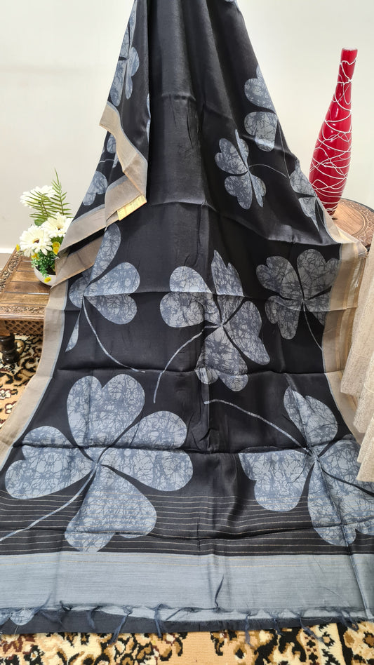 Black and Grey Tussar Silk Saree