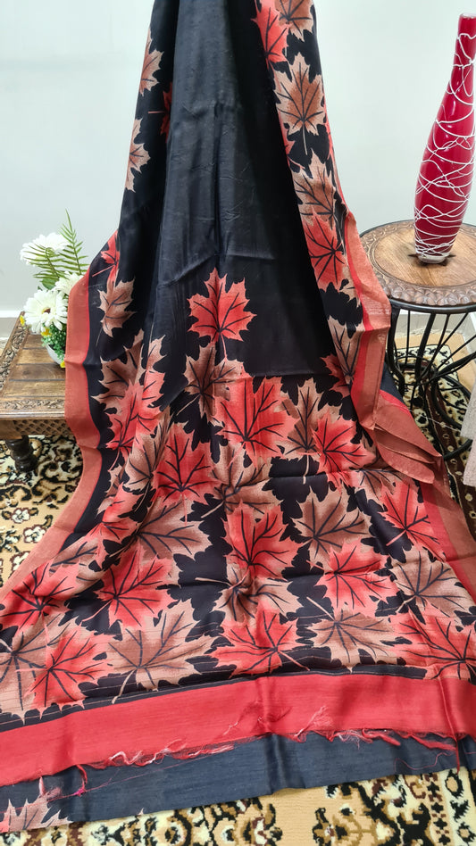 Black and Red Maple Leaf Tussar Silk Saree