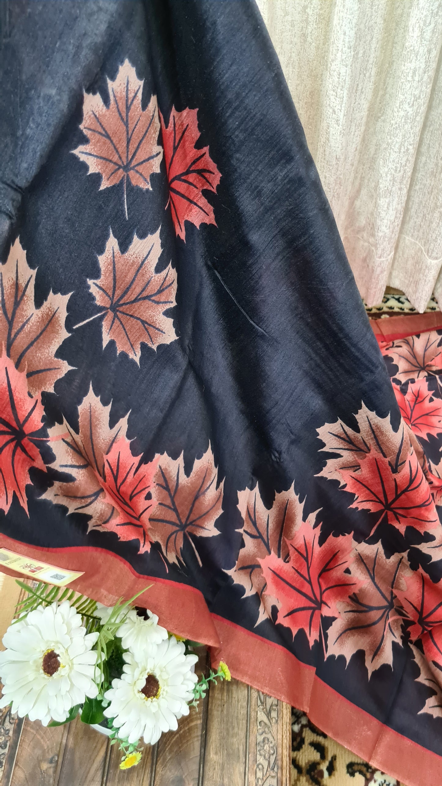 Black and Red Maple Leaf Tussar Silk Saree