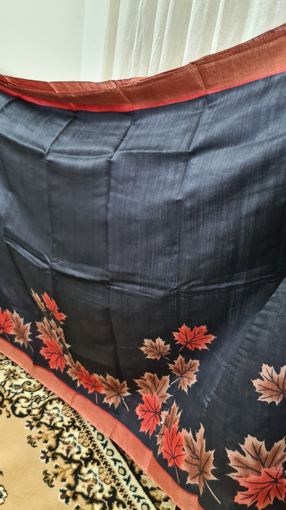 Black and Red Maple Leaf Tussar Silk Saree