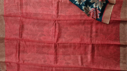 Black and Red Maple Leaf Tussar Silk Saree