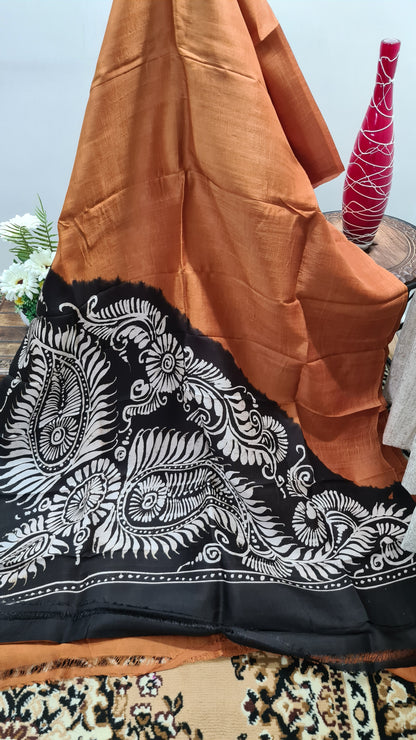 Mustard and Black Tussar Silk Saree