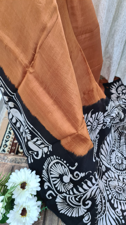 Mustard and Black Tussar Silk Saree