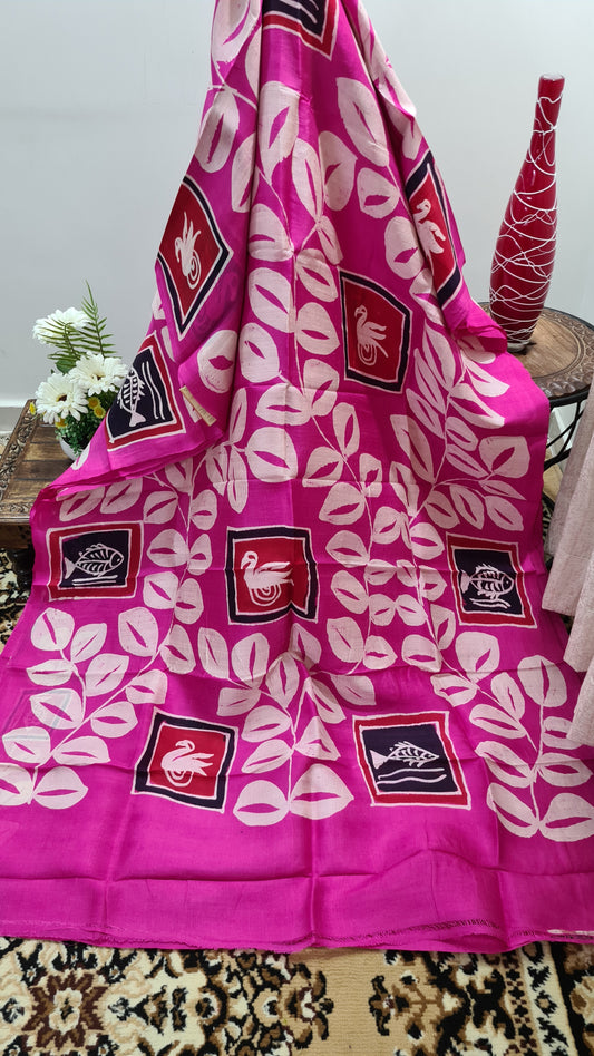 Fuchsia Pink and White Tussar Silk Saree