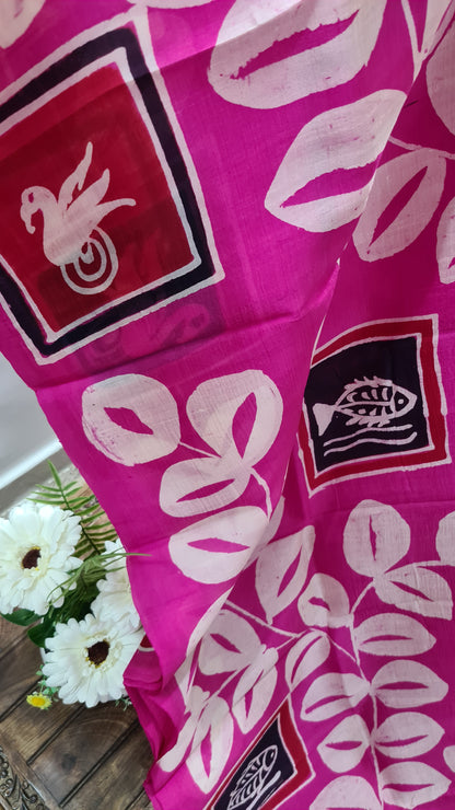 Fuchsia Pink and White Tussar Silk Saree