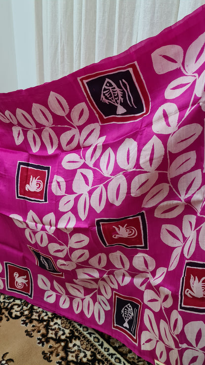 Fuchsia Pink and White Tussar Silk Saree