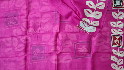 Fuchsia Pink and White Tussar Silk Saree