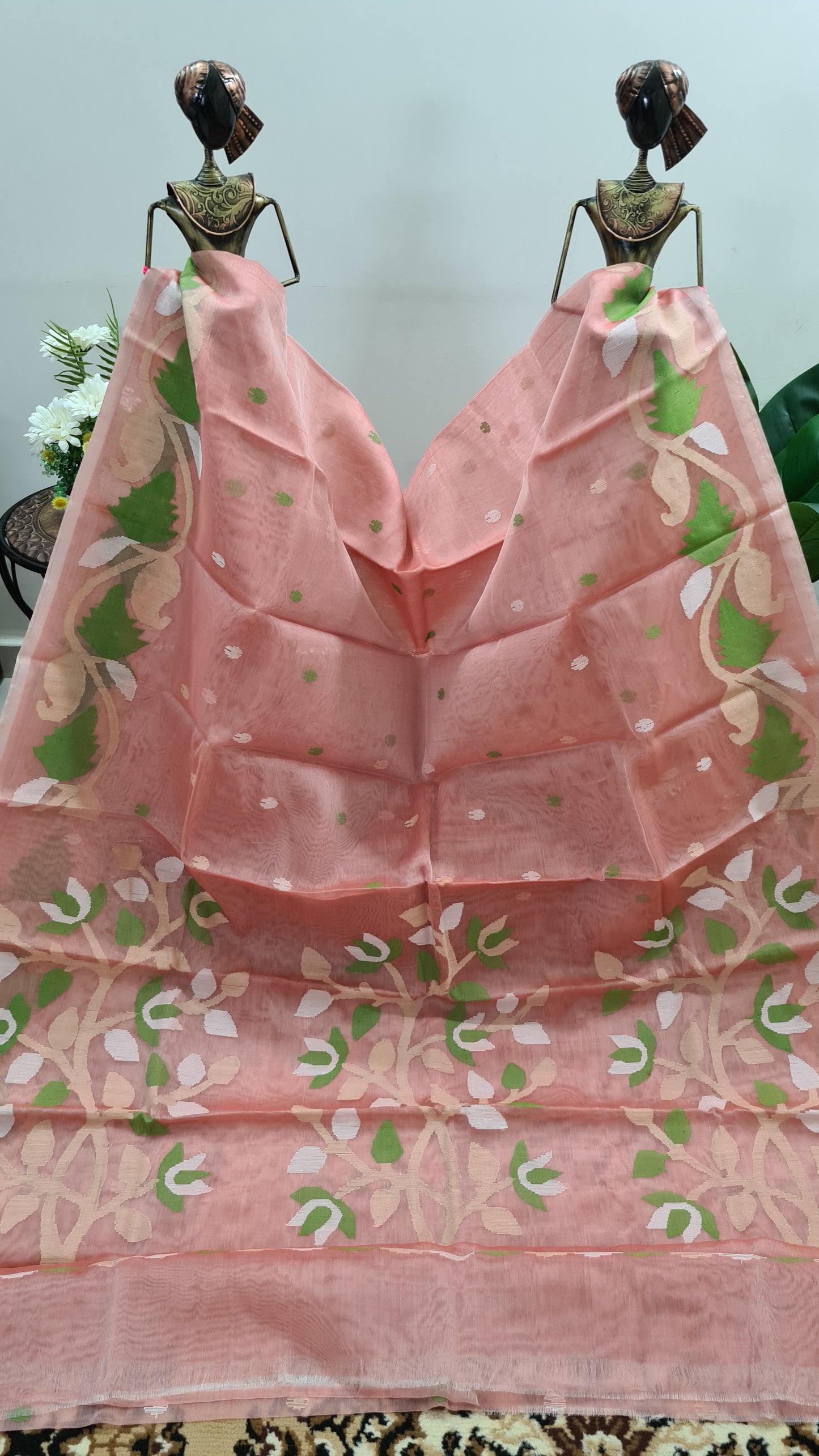 Pinkish Peach Muslin Silk with Green Brocade Blouse