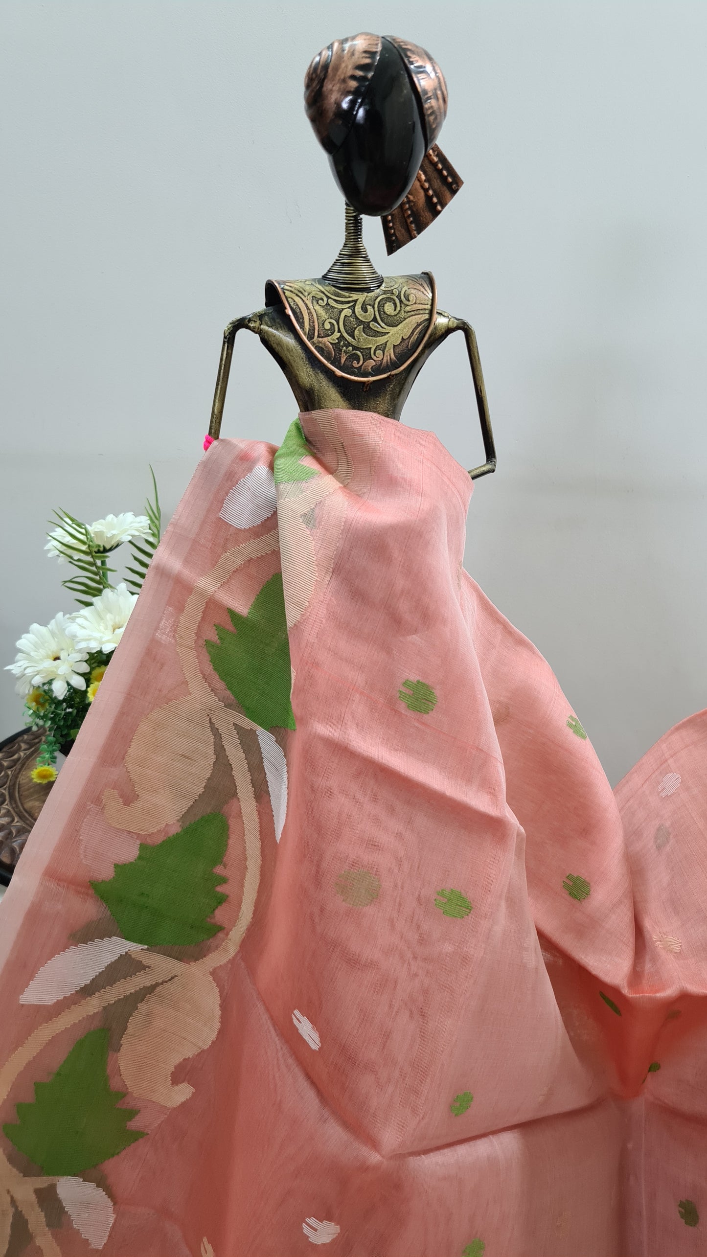 Pinkish Peach Muslin Silk with Green Brocade Blouse