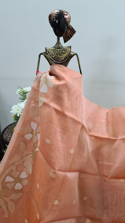 Peach Muslin Silk with Dark Brown Brocade Blouse