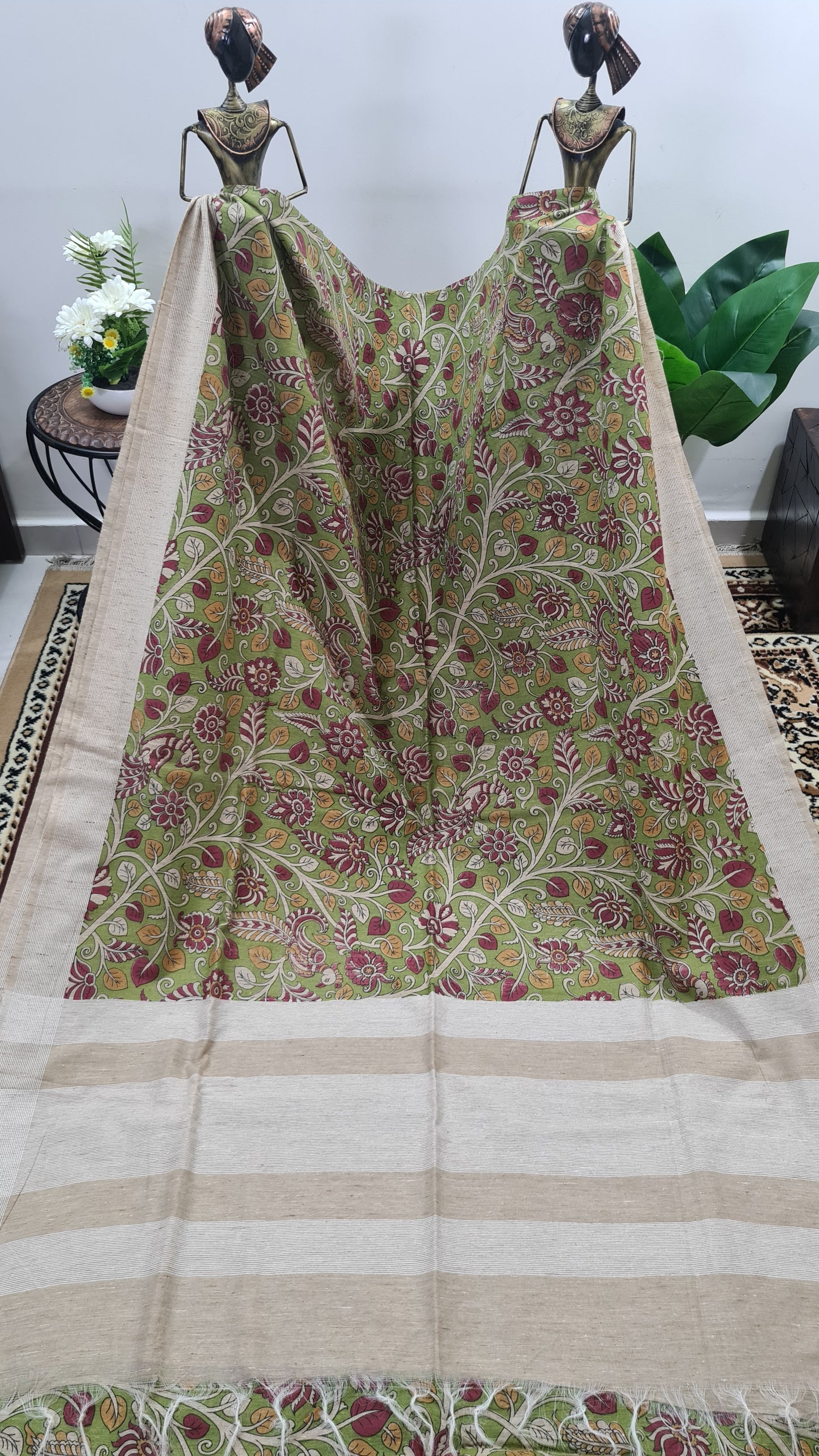 Fern Green with Mustard and Maroon Durable Cotton Saree with Kalamkari Prints