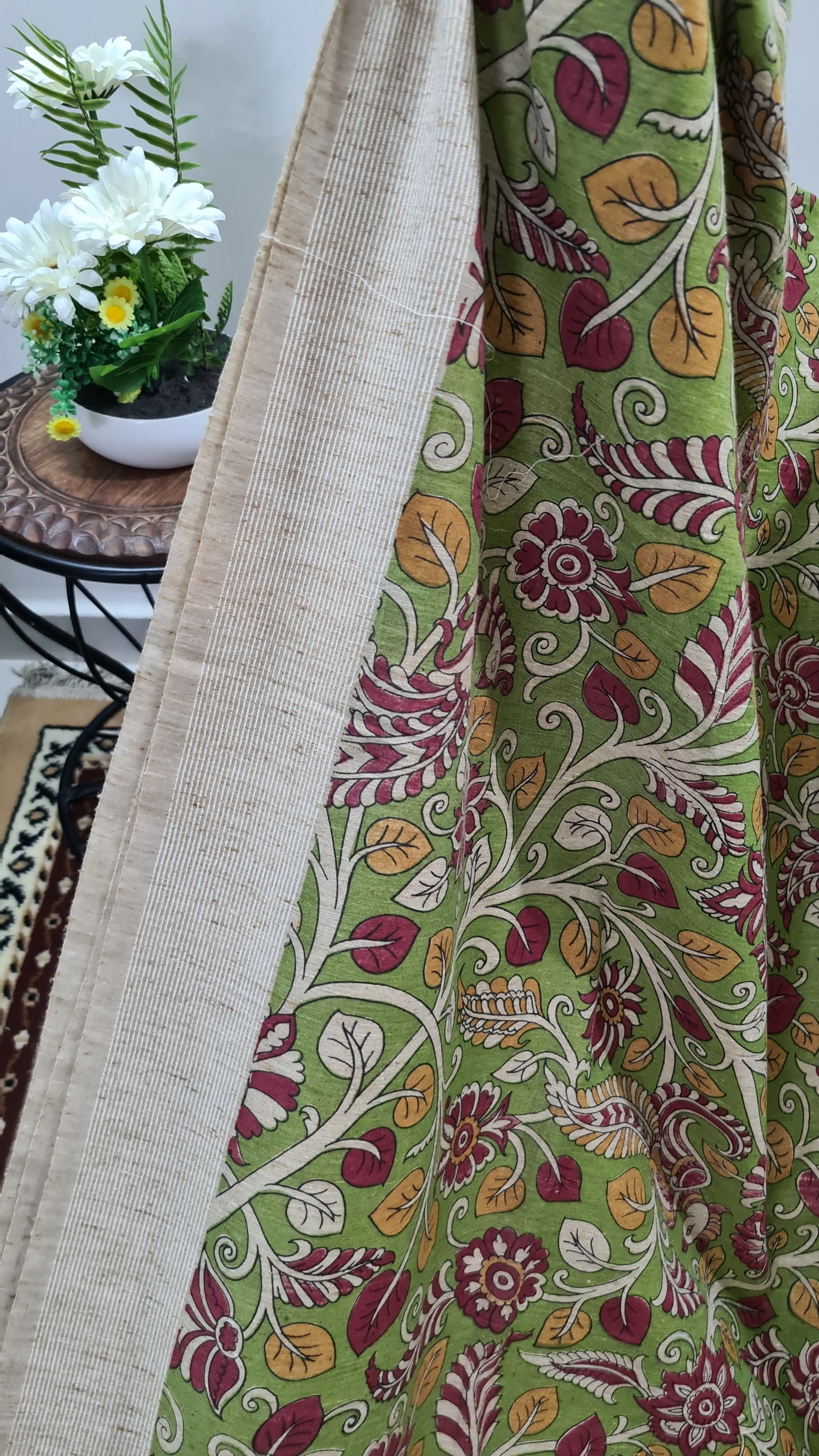 Fern Green with Mustard and Maroon Durable Cotton Saree with Kalamkari Prints