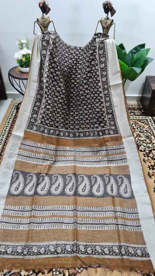 Black and Dark Mustard Blended Cotton Saree with Block Printed Patterns