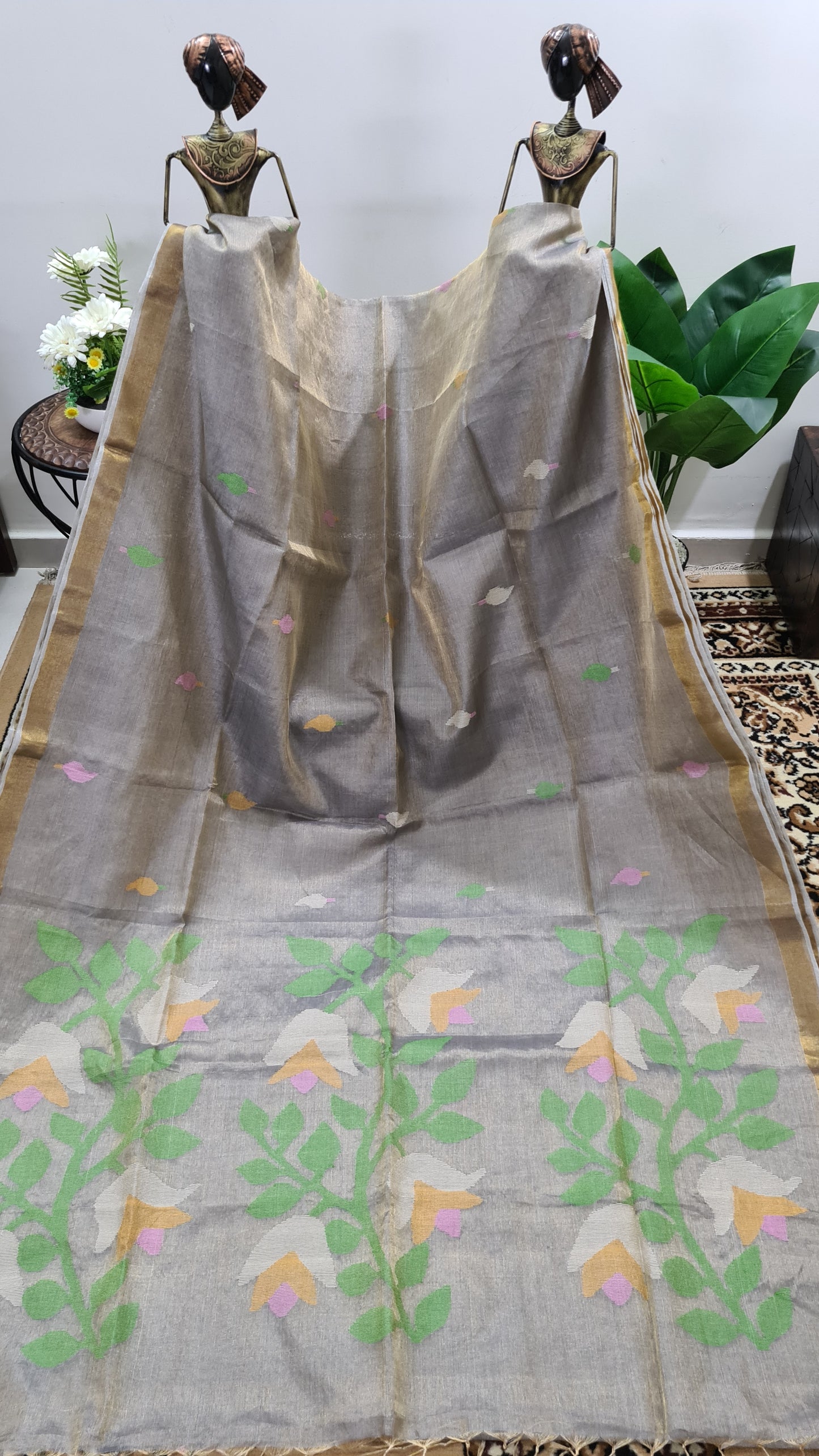 Grey Tussar Tissue Silk Saree