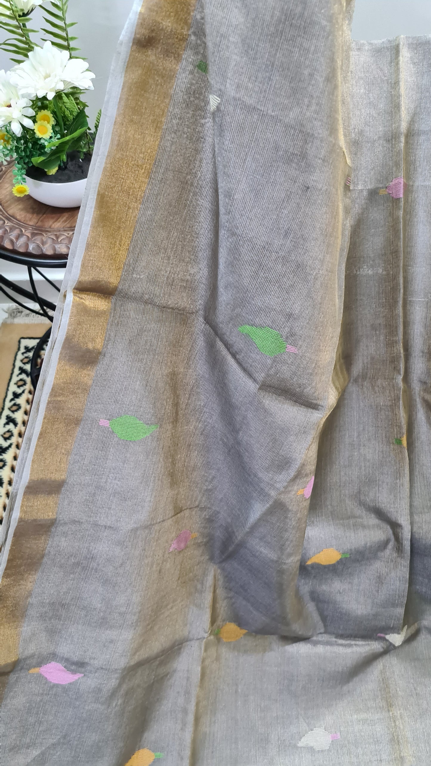 Grey Tussar Tissue Silk Saree