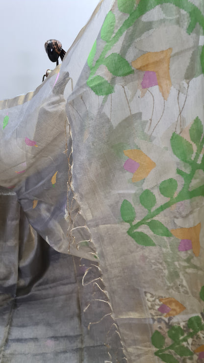 Grey Tussar Tissue Silk Saree