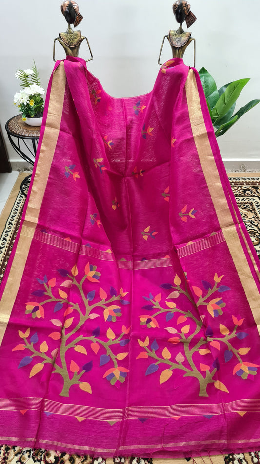 Fuchsia Pink Mill Matka Saree with Muslin Pallu