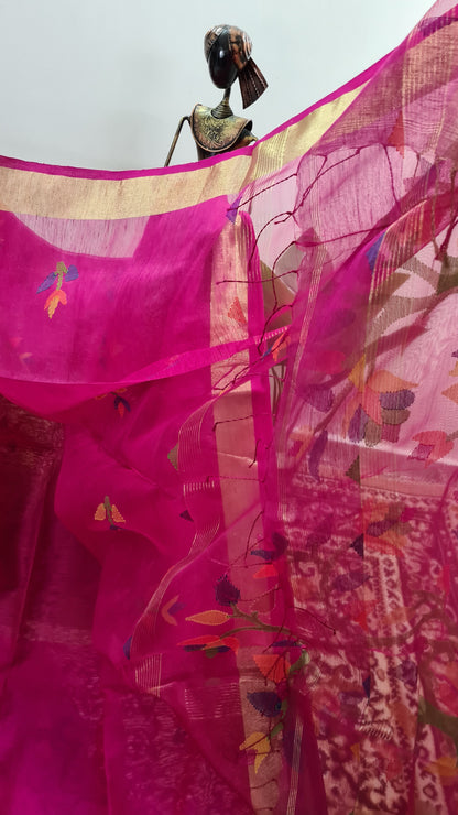 Fuchsia Pink Mill Matka Saree with Muslin Pallu