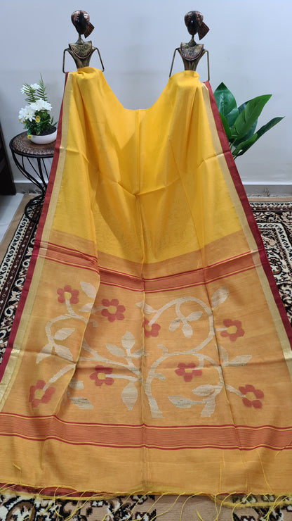 Yellow with Red Border Blended Cotton Saree with Muslin Pallu