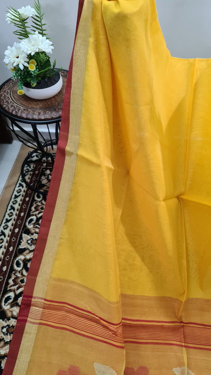 Yellow with Red Border Blended Cotton Saree with Muslin Pallu