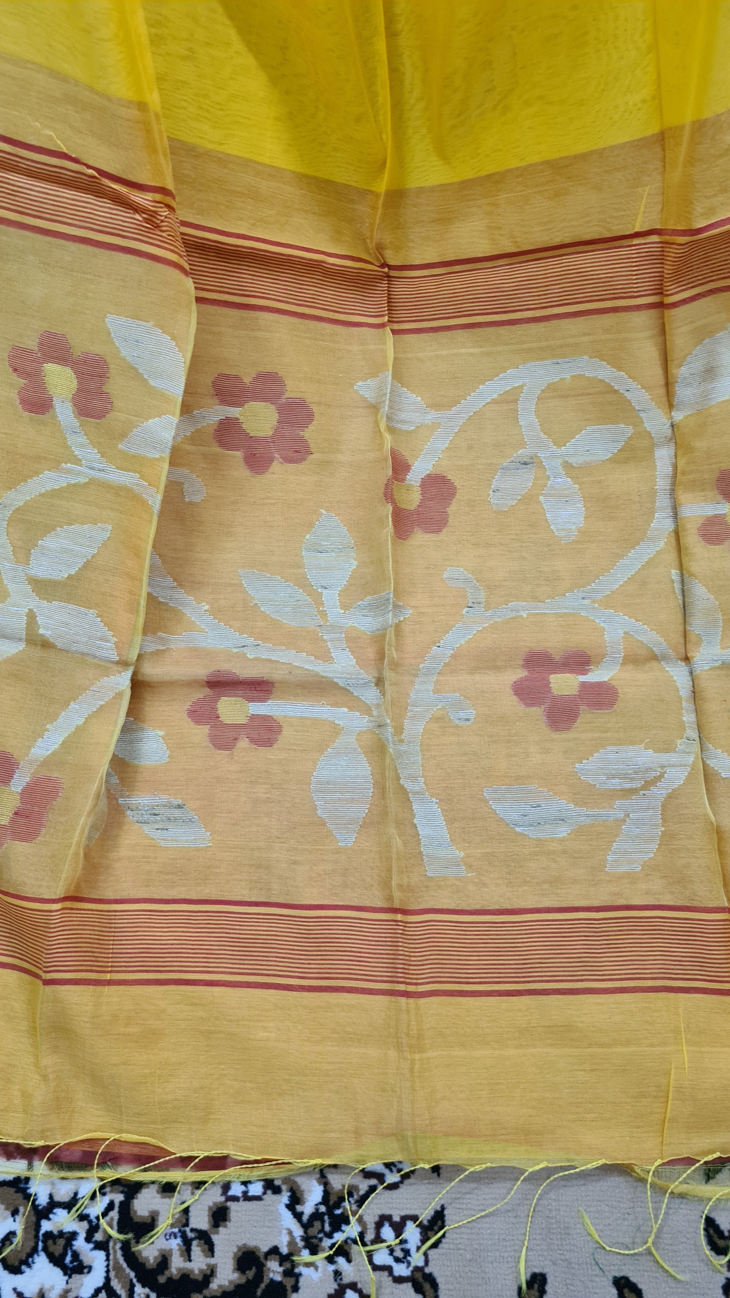 Yellow with Red Border Blended Cotton Saree with Muslin Pallu