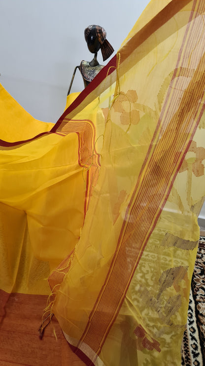 Yellow with Red Border Blended Cotton Saree with Muslin Pallu