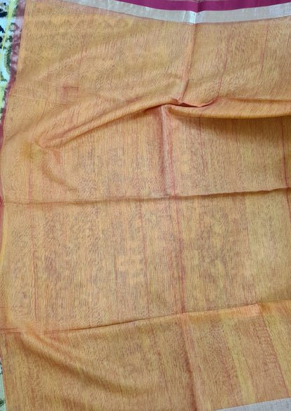 Yellow with Red Border Blended Cotton Saree with Muslin Pallu