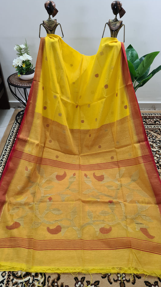 Yellow and Red Blended Cotton Saree with Muslin Pallu and Coin Buttas