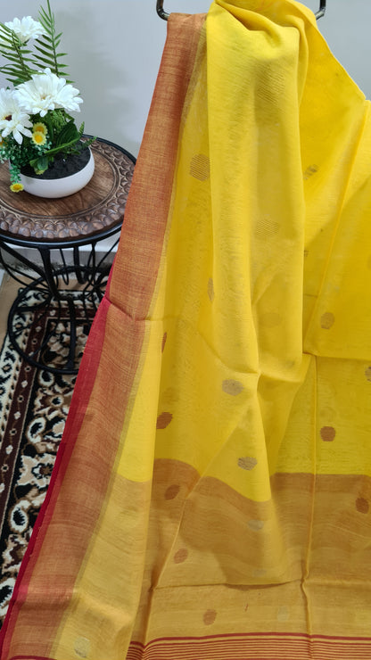 Yellow and Red Blended Cotton Saree with Muslin Pallu and Coin Buttas