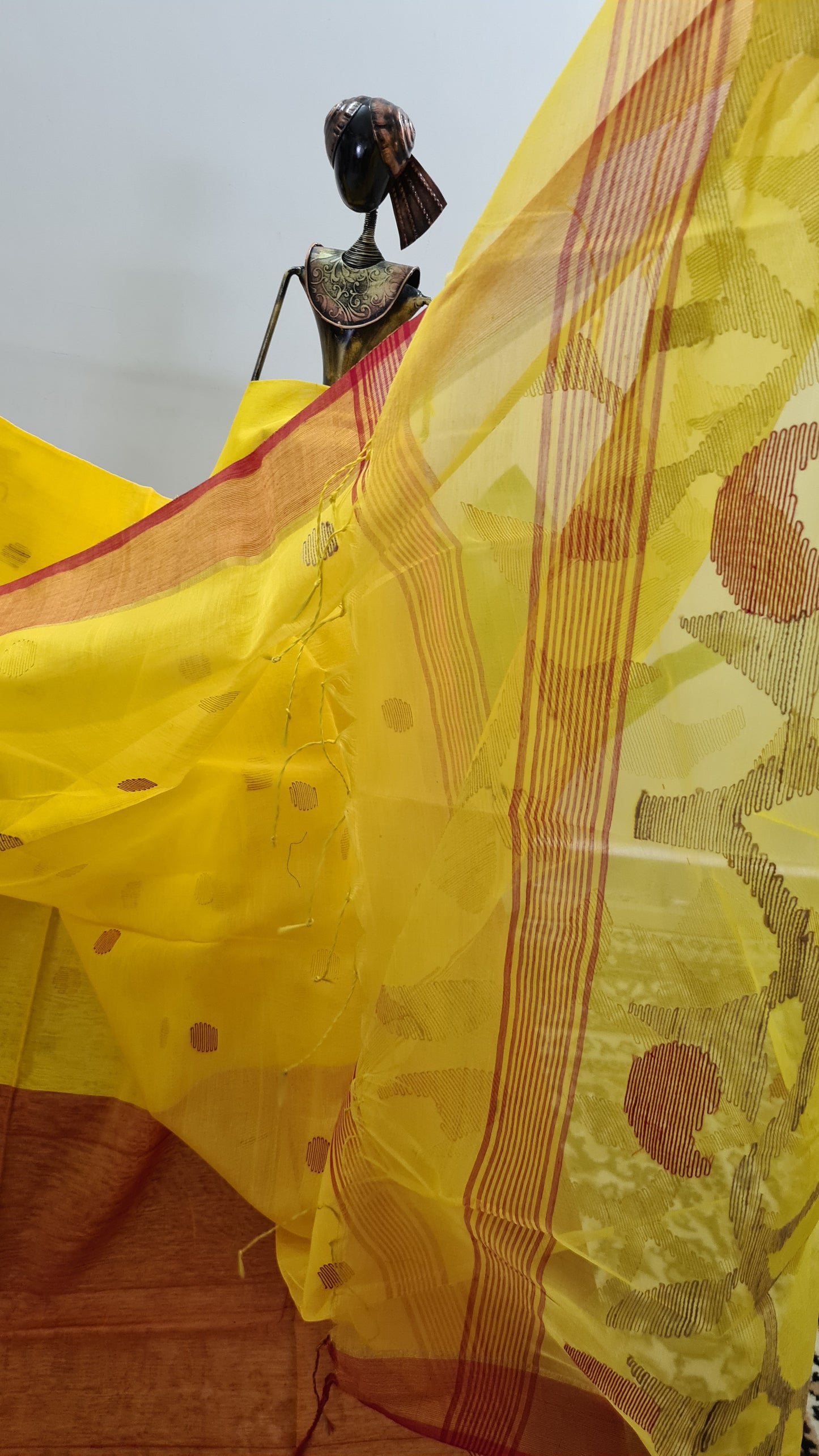 Yellow and Red Blended Cotton Saree with Muslin Pallu and Coin Buttas