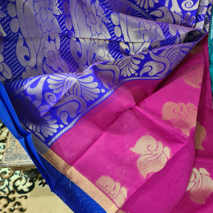 Magenta with Royal Blue Cotton Silk