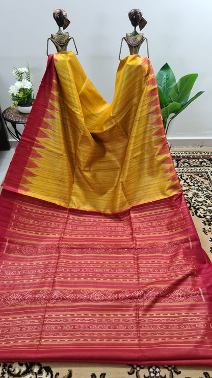 Ochre Yellow with Vermilion Red Matka Silk