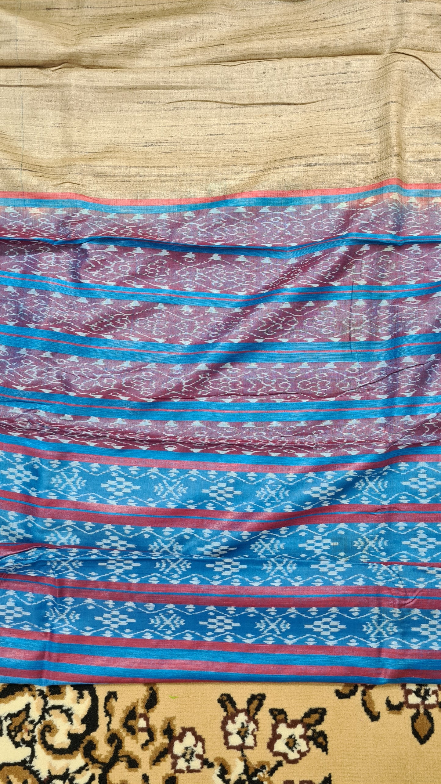 Beige with Red and Blue Matka Silk