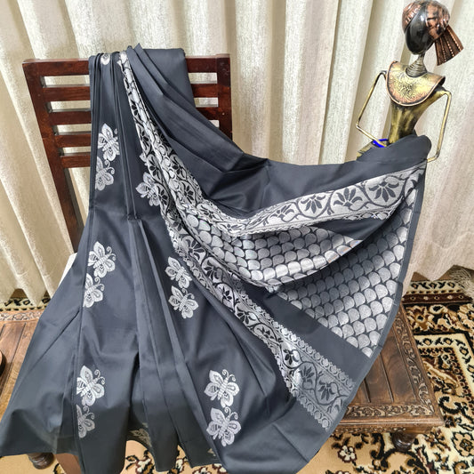 Black Cotton Silk with Silver Zari Buttas