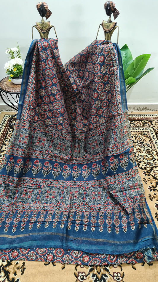 Prussian Blue Chanderi Ajrakh Silk Cotton
