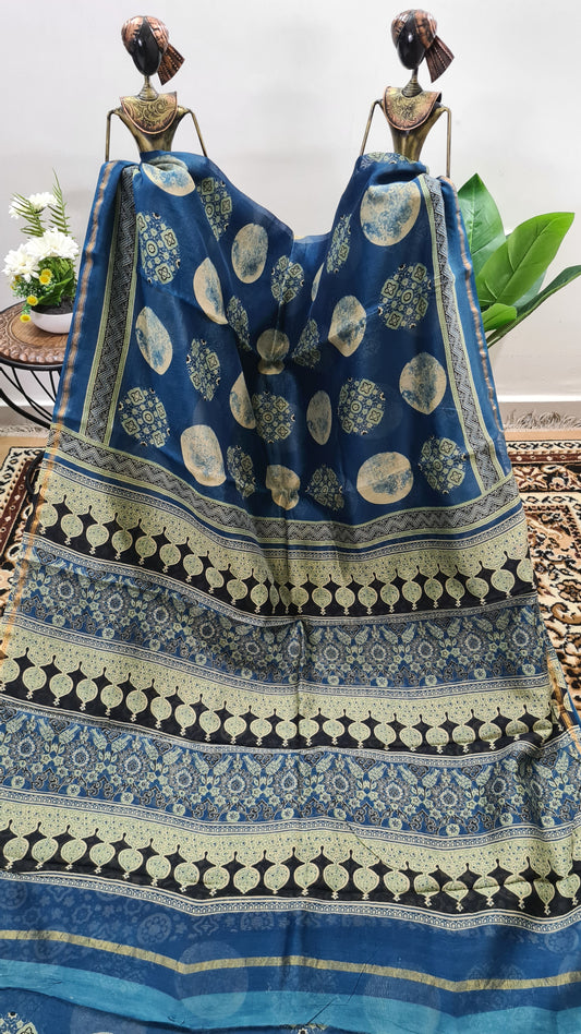 Prussian Blue Ajrakh Chanderi Silk Cotton