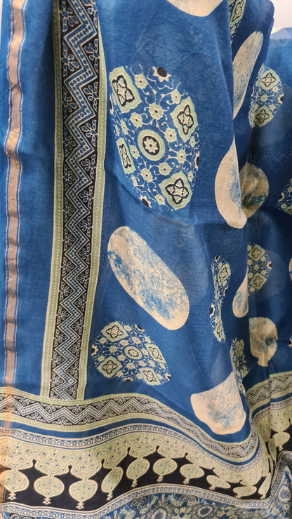 Prussian Blue Ajrakh Chanderi Silk Cotton