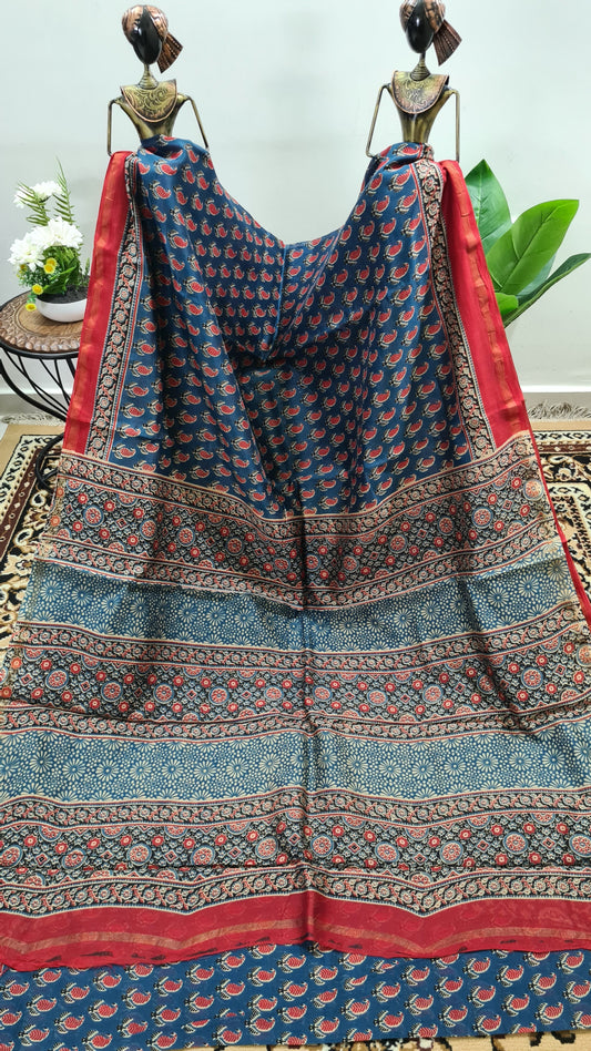 Prussian Blue and Red Ajrakh Chanderi Silk Cotton