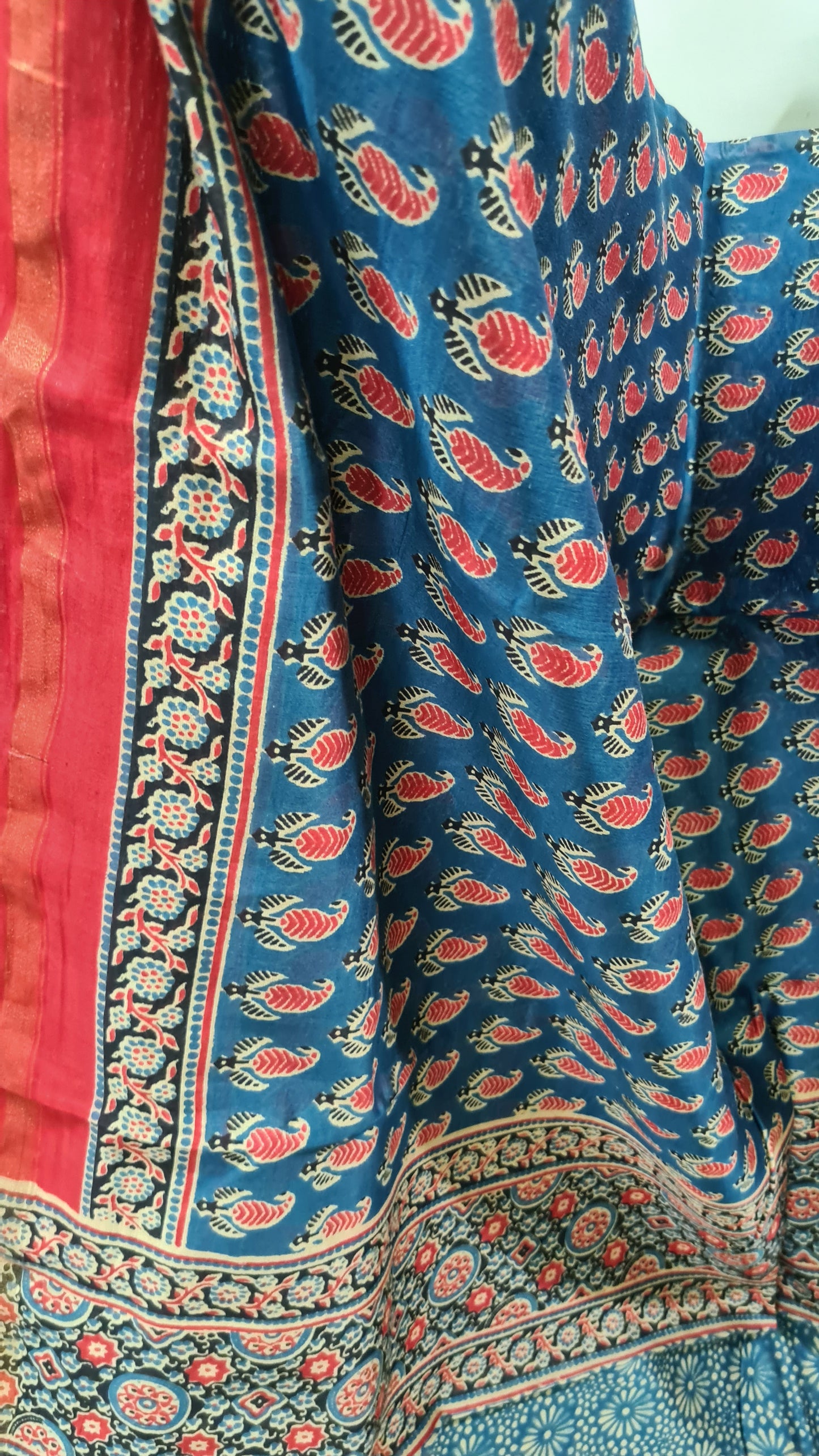 Prussian Blue and Red Ajrakh Chanderi Silk Cotton