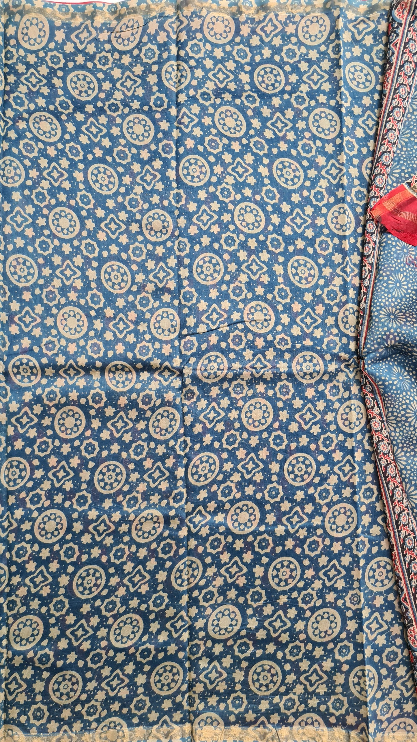 Prussian Blue and Red Ajrakh Chanderi Silk Cotton