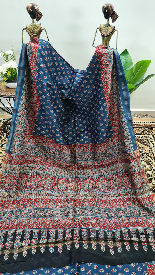 Prussian Blue Ajrakh Chanderi Silk Cotton