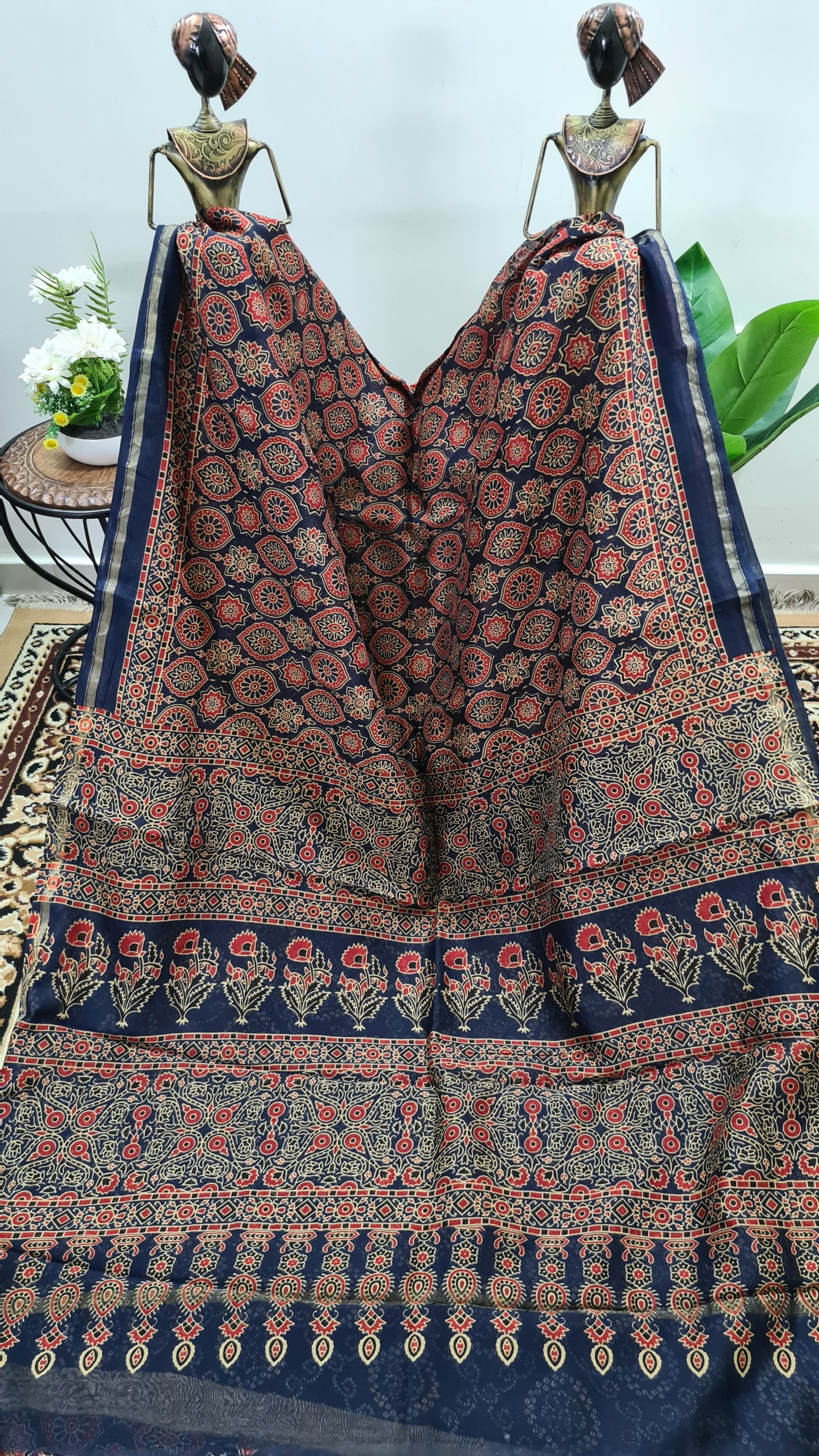 Navy Blue Ajrakh Chanderi Silk Cotton