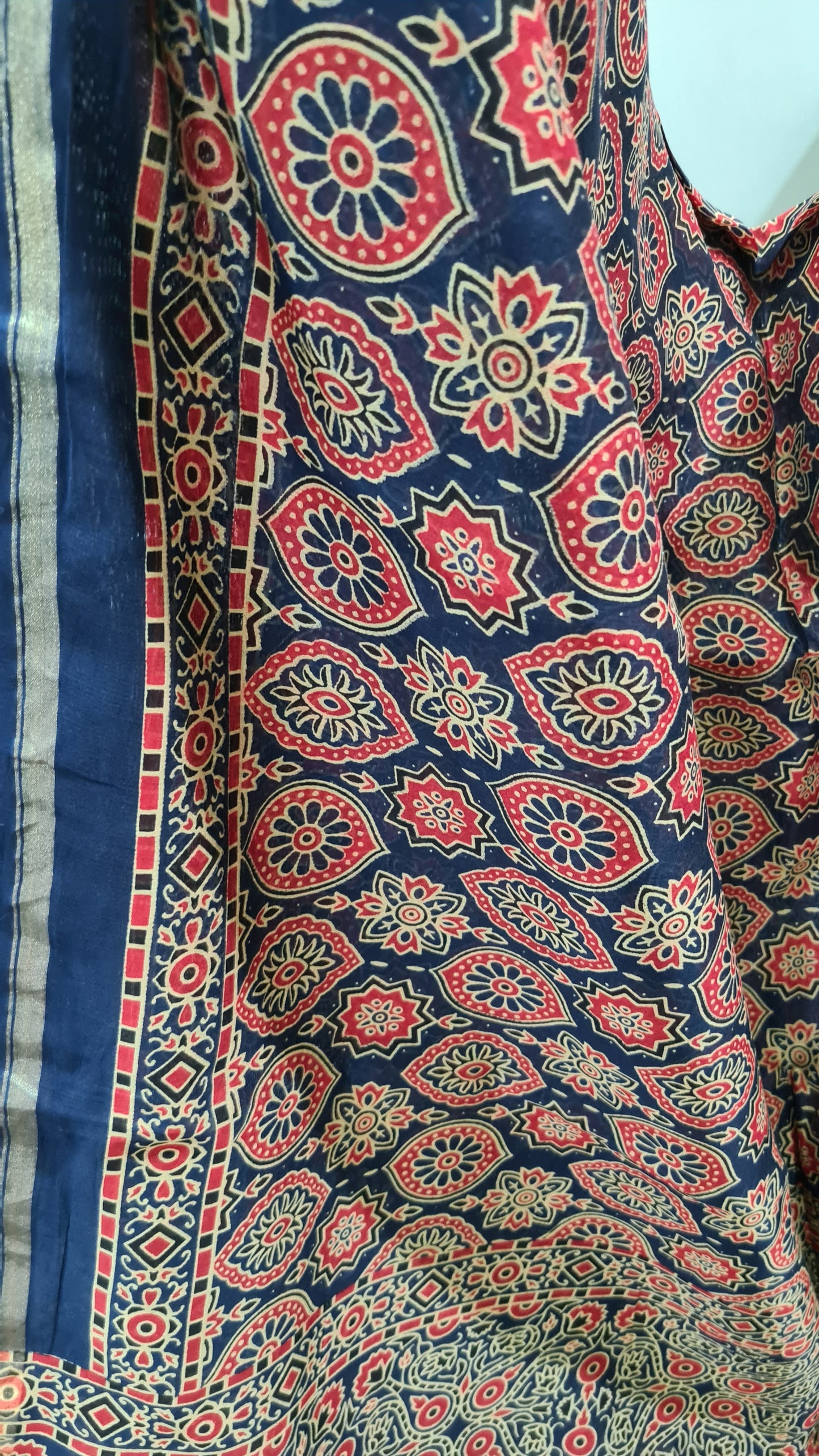 Navy Blue Ajrakh Chanderi Silk Cotton