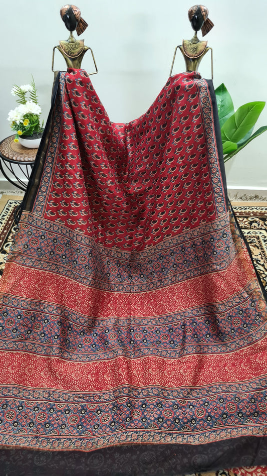 Deep Red Ajrakh Chanderi Silk Cotton