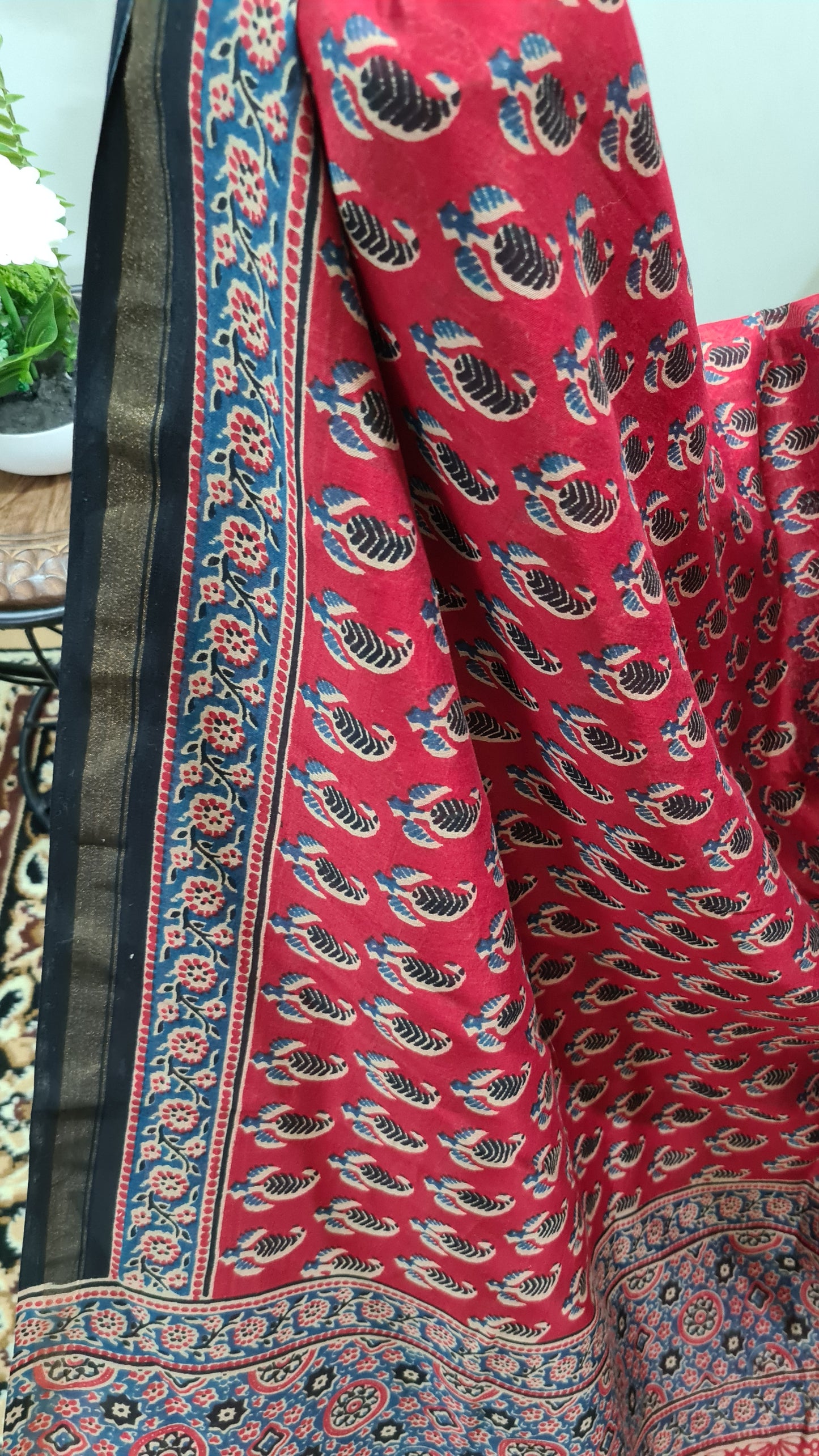 Deep Red Ajrakh Chanderi Silk Cotton