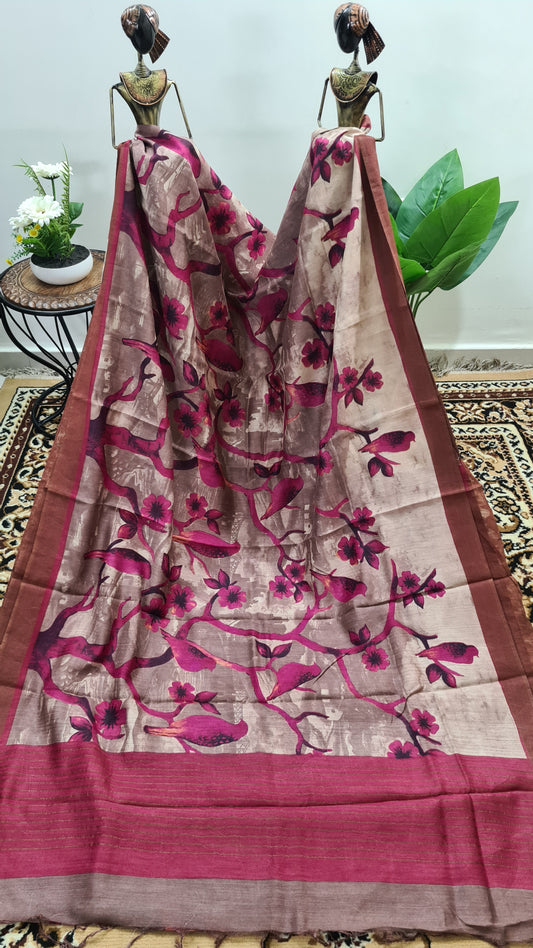 Pale Brown and Pink Tussar Silk Saree