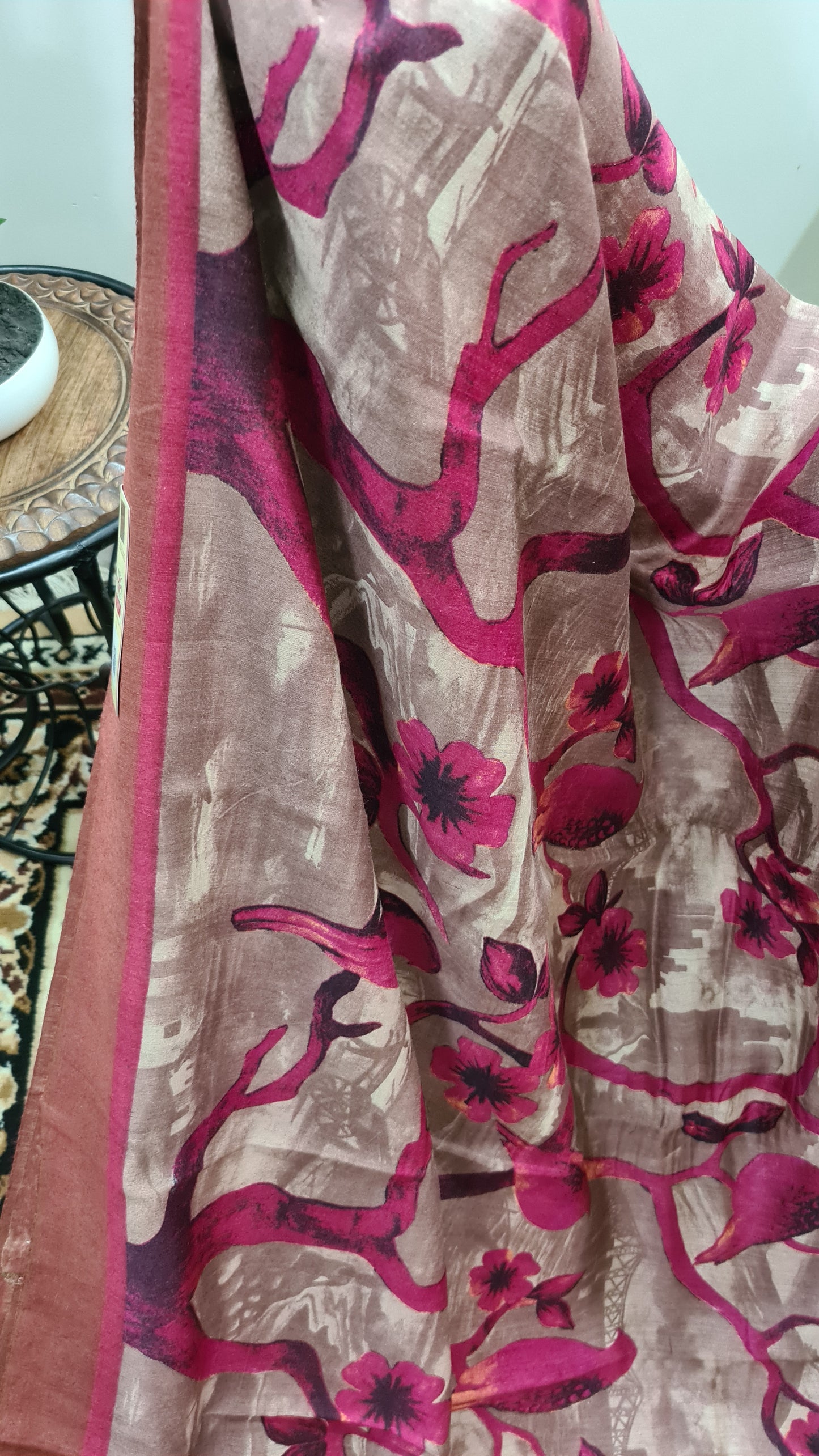 Pale Brown and Pink Tussar Silk Saree