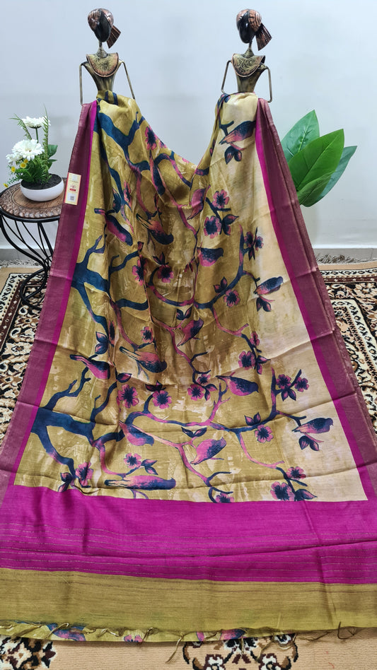 Mehendi Green and Pink Tussar Silk Saree