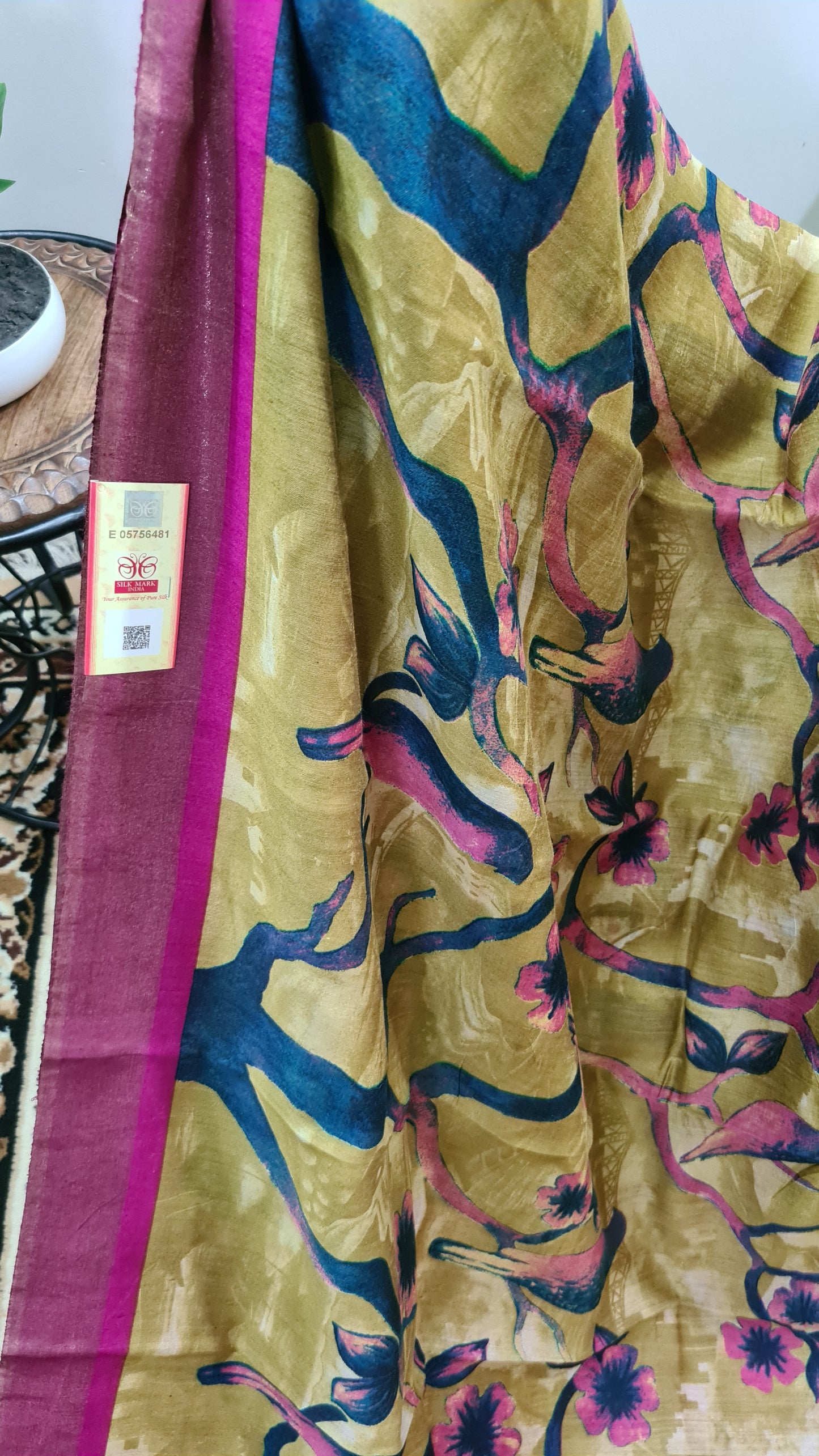 Mehendi Green and Pink Tussar Silk Saree