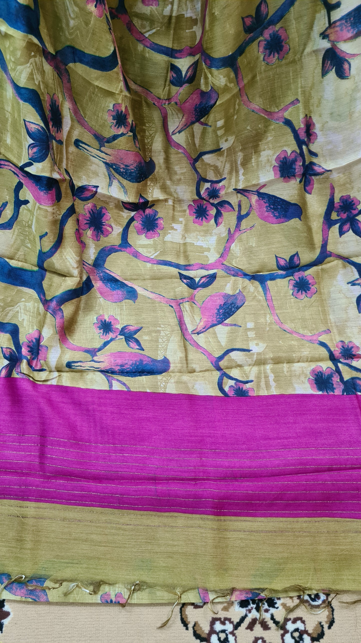 Mehendi Green and Pink Tussar Silk Saree